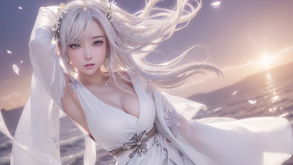 (logo、masterpiece、8k、Tabletop、RAW Photos、wonderful、最high quality、Photorealistic and hVery detailed CG integrated 8k wallpaper、high quality、Very detailed、Narrative poem、Particle Effects、Dynamic Effects、Written boundary depth、Cinematic Light、Lens flare、Ray Tracing)、Fantasy、 (One beautiful woman、White kimono、White long dress、Silver Hair、Beautiful Face、True Face、Beautiful details in the eyes、Beautiful Skin、Graceful dancing woman:1.7、Graceful dancing woman:1.7)、Hair flutters in Wind、髪が弾む 髪がWindに舞う、Hair bounces、night、Wind、darkness、grassland、Vast land、wonderful景色、美しい自然のWindのWind景、night空、Wind、cherry blossoms、cherry blossomsの花びらが舞っている、SakuraFubuki、Falling petals