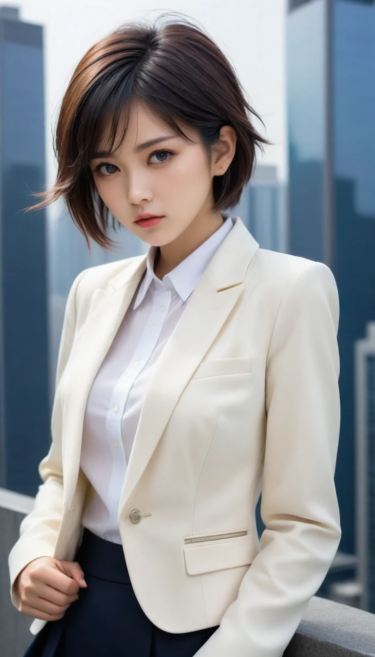 8k, Ultra-high resolution, Highest quality, masterpiece, 三分割法によるphotograph,Surreal, photograph, 1 , (:1.3), cute, cute顔, 細部までBeautiful Eyes, 細かくdetailedに,masterpiece,One Girl:1.2,Japanese women,Female announcer,upper body,glaring,Black short hair,messy hair,from below,(White shirt:1.3),Dark blue blazer,Rooftop,white collar,blue sky,Background of skyscrapers,(Beautiful attention to detail),Subtle details, detailedな顔,anger,Attractive eyes,(ポートレートphotograph:1.4),(Photorealistic images:1.4),Fantasy art,(Beautiful Face:1.4),美しくAttractive eyes、Beautiful Eyes,Silver residue,(Tight waist:1.4)、(Beautiful with perfect body proportions:1.4),Pink Lips,profile,(((Ideal body type))),A-cup small breasts :2,、Portraiture:2、Perfect Anatomy、鮮明なdetailed、detailed,Fashion magazine cover,Thin lips,完璧でBeautiful Face ,完璧でcute顔, Skin with attention to detail, Perfect limbs、Narrow waist,Surreal,Light and shadow,sunlight