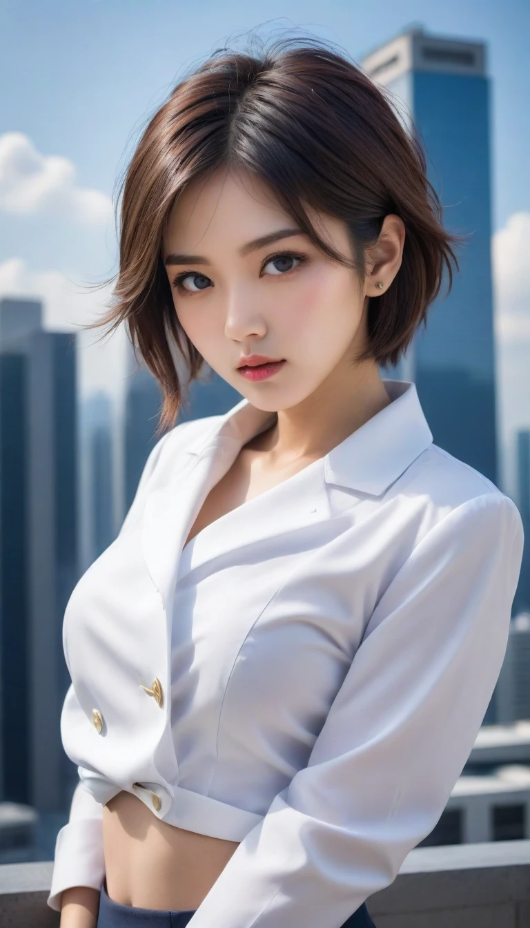 8k, Ultra-high resolution, Highest quality, masterpiece, 三分割法によるphotograph,Surreal, photograph, 1 , (:1.3), cute, cute顔, 細部までBeautiful Eyes, 細かくdetailedに,masterpiece,One Girl:1.2,Japanese women,Female announcer,upper body,glaring,Black short hair,messy hair,from below,(White shirt:1.3),Dark blue blazer,Rooftop,white collar,blue sky,Background of skyscrapers,(Beautiful attention to detail),Subtle details, detailedな顔,anger,Attractive eyes,(ポートレートphotograph:1.4),(Photorealistic images:1.4),Fantasy art,(Beautiful Face:1.4),美しくAttractive eyes、Beautiful Eyes,Silver residue,(Tight waist:1.4)、(Beautiful with perfect body proportions:1.4),Pink Lips,profile,(((Ideal body type))),A-cup small breasts :2,、Portraiture:2、Perfect Anatomy、鮮明なdetailed、detailed,Fashion magazine cover,Thin lips,完璧でBeautiful Face ,完璧でcute顔, Skin with attention to detail, Perfect limbs、Narrow waist,Surreal,Light and shadow,sunlight