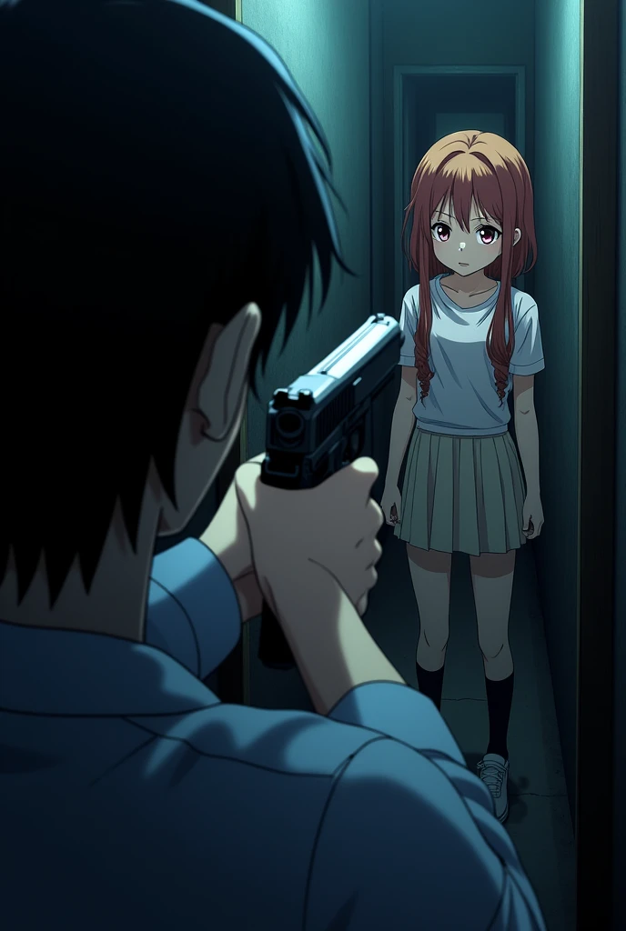 In the anime、Pointing a gun at a girl ,ass pov,First-person view