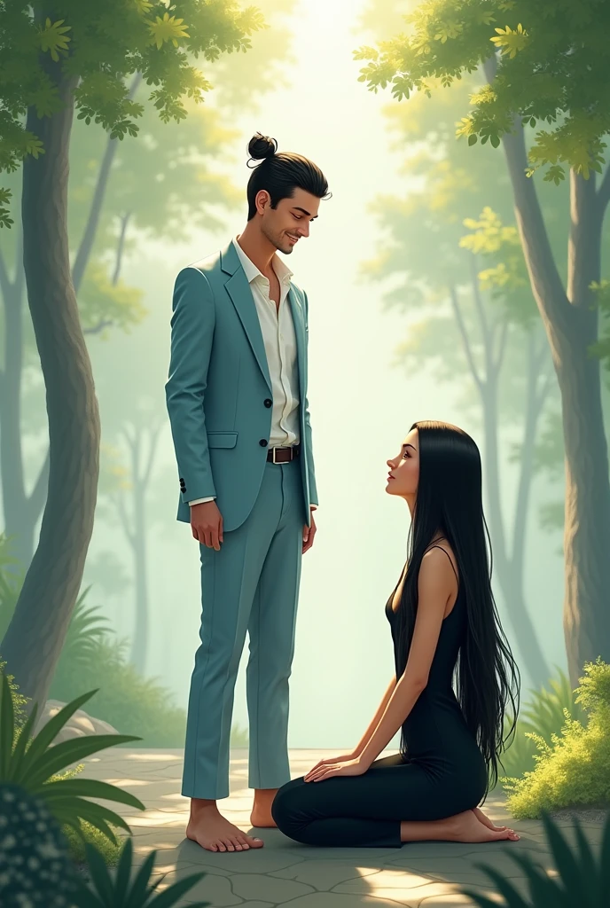 
Realistic scene of a short black haired Caucasian white man, barefoot, standing, wearing a light blue suit, with a relaxed attitude and a slight smile. In a spiritual environment, interacting with a white woman with long black hair, what is medium, wearing black clothes. The man is behind the woman and the woman is sitting.

