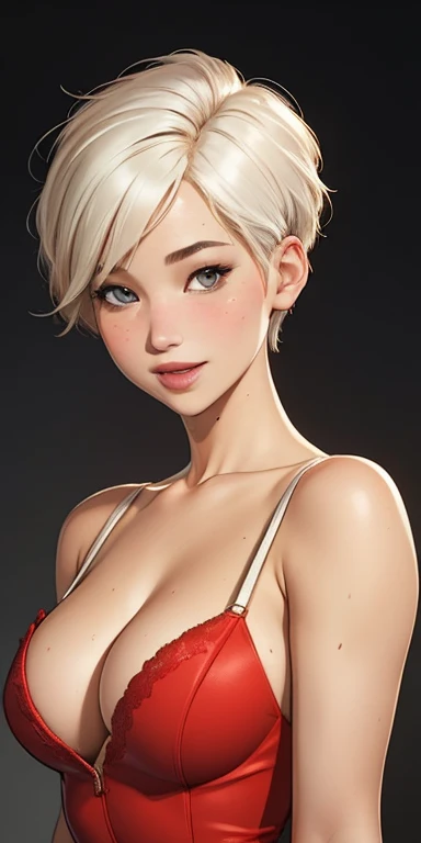 (best quality, ultra-detailed, photorealistic: 1.39), bright and vibrant colors, studio lighting, romantic expression, sexy smile, short red dress, undercut platinum bobcut white hair, big breasts, fit, short hair, mercenary