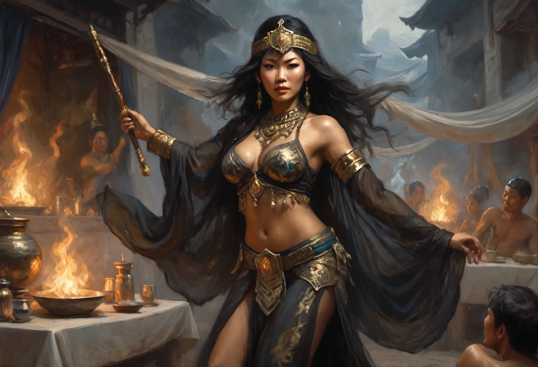 (Black Myth Wukong) A sexy belly dancer (asian woman, large breasts, large butt, sheer dress made of several veils, beetled bra, hourglass figure, veiled face) is dancing her way to the enemy general, war tent lit with torches, tables of drunken leering warriors. camera is at the evil general