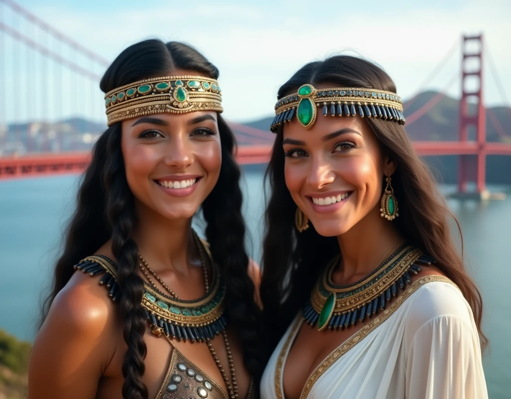 full body shot, two people one attractive woman native costume, Pocahontas, smile, Portrait of a young Pocahontas, Portrait of Pocahontas, dressed as a warrior and a Cleopatra, Queen of Egypt, Attractive Egyptian woman in a white dress with gold trim and necklace with black stones and emeralds on the Goldengate Bridge in San Francisco, California.