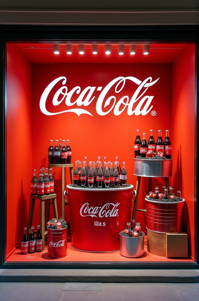 Create a Coca Cola store window with creative coolers like a bucket for example to put bottles in 