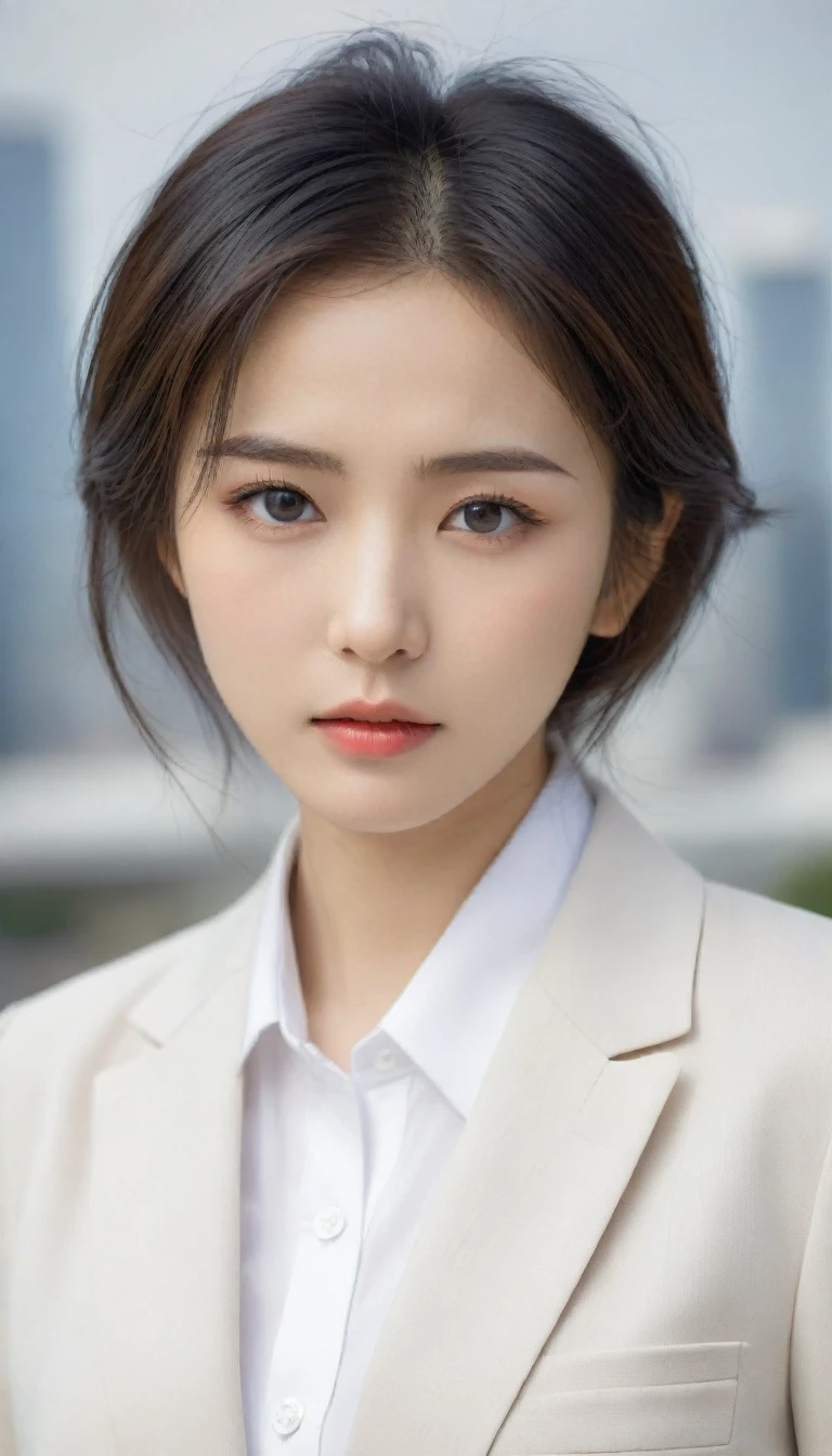8k, Ultra-high resolution, Highest quality, masterpiece, 三分割法によるphotograph,Surreal, photograph, 1 , (:1.3), cute, cute顔, 細部までBeautiful Eyes, 細かくdetailedに,masterpiece,One Girl:1.2,Japanese women,Female announcer,upper body,glaring,Black short hair,messy hair,from below,(White shirt:1.3),Dark blue blazer,Rooftop,white collar,blue sky,Background of skyscrapers,(Beautiful attention to detail),Subtle details, detailedな顔,anger,Attractive eyes,(ポートレートphotograph:1.4),(Photorealistic images:1.4),Fantasy art,(Beautiful Face:1.4),美しくAttractive eyes、Beautiful Eyes,Silver residue,(Tight waist:1.4)、(Beautiful with perfect body proportions:1.4),Pink Lips,profile,(((Ideal body type))),A-cup small breasts :2,、Portraiture:2、Perfect Anatomy、鮮明なdetailed、detailed,Fashion magazine cover,Thin lips,完璧でBeautiful Face ,完璧でcute顔, Skin with attention to detail, Perfect limbs、Narrow waist,Surreal,Light and shadow,sunlight