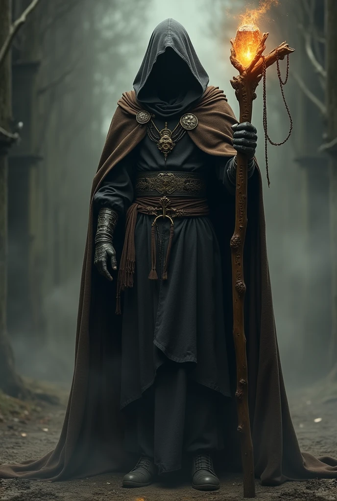 Create an image of a 17 wizard in black clothes, brown cloak,forearm guards and boots, a wooden staff slightly curved with small wooden, the character will be a necromancer/ black magic user, on the staff engraved runes and a crystal 