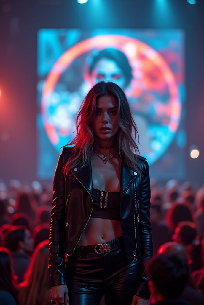 focus on the face and full body of a woman standing on stage holding a microphone, behind you can see the porcelain by Willie Ito, tumblr, red blue eyes leather jacket alah street punk rock s and trousers in front of many audiences sumatraism, wearing concert clothes,trending photos 2019.UHD. 16k with droste silencer style