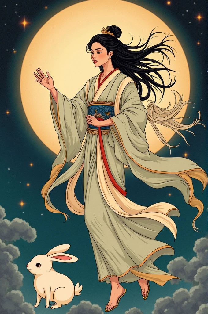 ((best quality)), Moon goddess Chang'e with her rabbit and a moon behind her and in ancient Japanese style and levitating as if she wanted to reach the moon