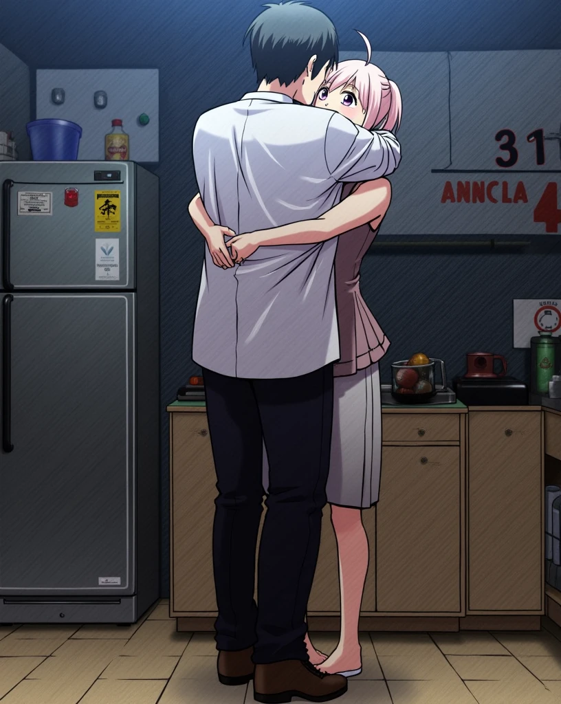 score_9, score_8_up, score_7_up, source_anime, 1boy, 1girl, matureis smiling, father and daugther , ta with litle pussy, daughter back against the wall, in a kitchen, ass grab, night time, lenceria, kissing gently, exited