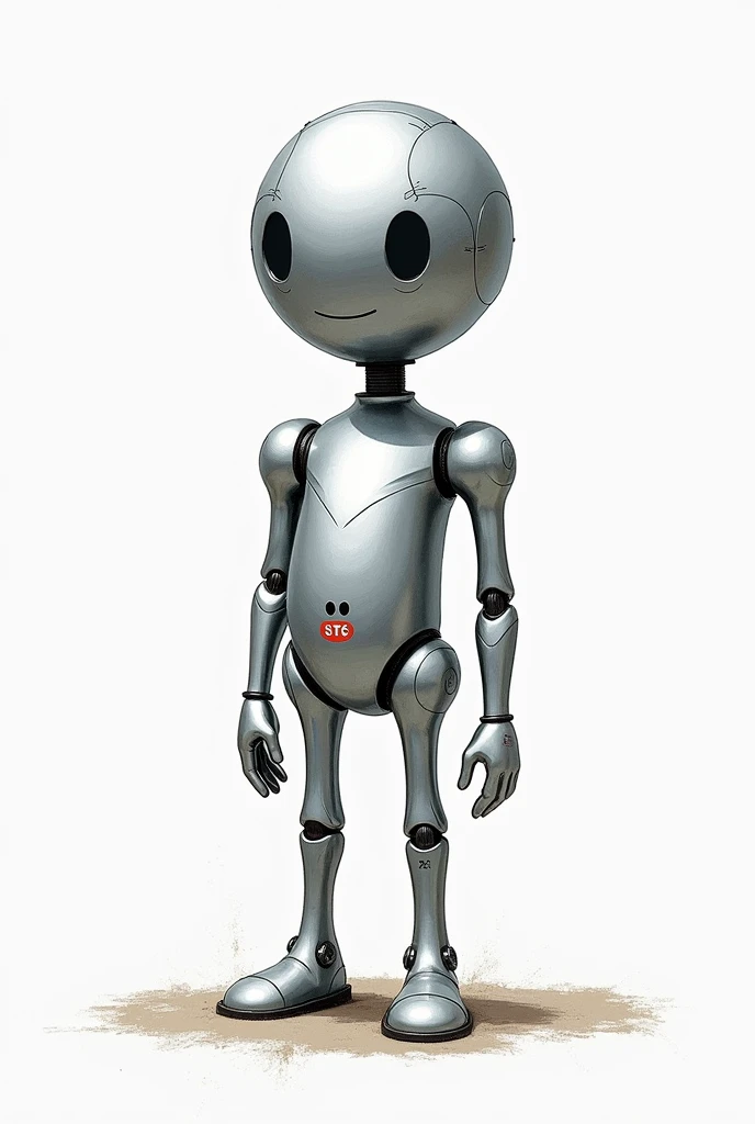 A drawing of the atomic element Poland in character form. Its predominant color is silver