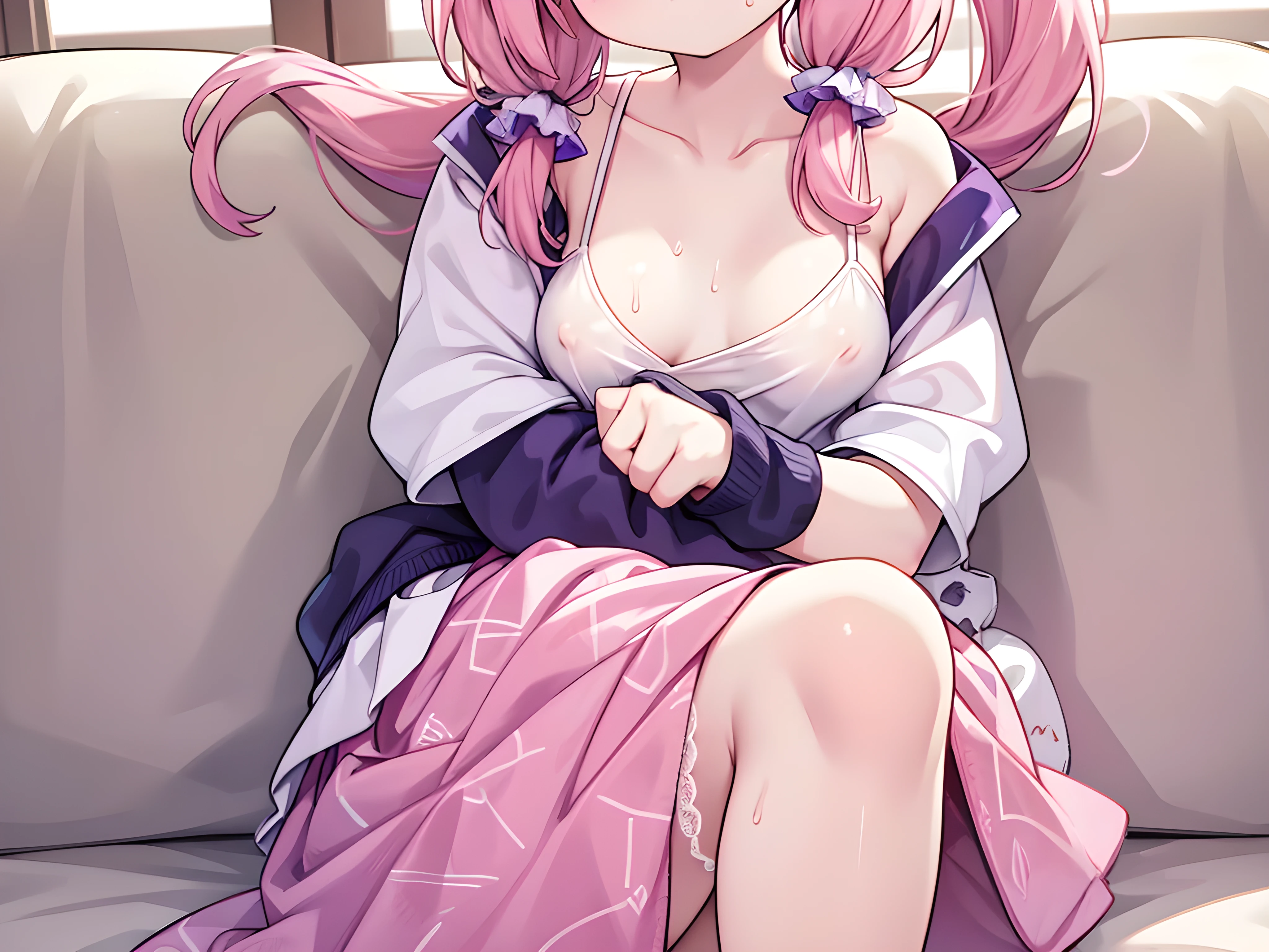 [WAI-ANI-NSFW-PONYXL:100],
score_9, score_8_up, score_7_up, score_6_up, score_5_up, score_4_up, masterpiece, best quality, source_anime, shiodare,

rating_safe, pov, (incoming hug, reaching:1.3),
1girl, holding bottle, dripping, sweat, sitting on couch,
half-closed eyes, heavy breathing, sleepy,
living room,
BREAK , (lol2), small breasts, (pink hair:1.3), (low twintails:1.2), aqua scrunchie, medium hair, (purple eyes:1.4),

BREAK (white camisole:1.1), collarbone, sleeveless, covered nipples,

BREAK (flare skirt, wrap skirt, plain pattern skirt:1.2), pink skirt,