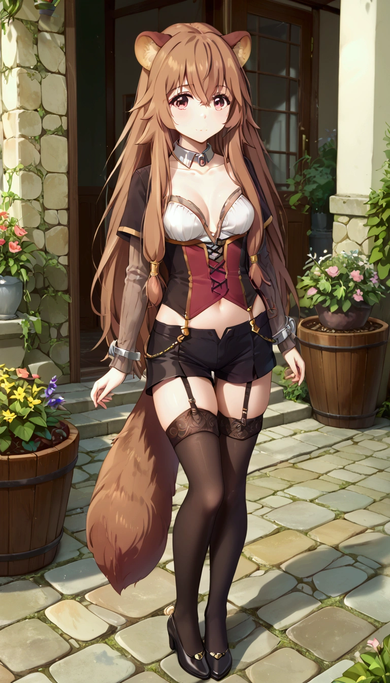 score_9,score_8, (((perfect face))), (medium breasts), focus breasts, full body view, {looking at viewer},(brown hair), (bangs), (long hair), (animal ears), (raccoon ears), (raccoon girl), (raccoon tail), 1girl, raphtalia, (pink eyes), (detailed eyes), (perfect Eyes), garden, outdoors, BotanSuit, collared shirt, corset, longs sleeves, black shorts, legwear garter, black pantyhose