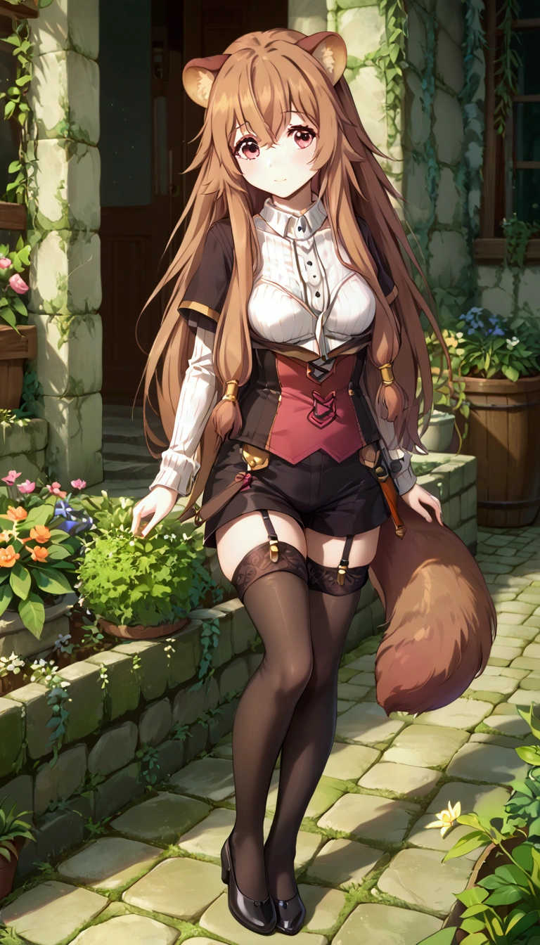  score_9,score_8,  (((perfect face))), (medium breasts), focus breasts, full body view, {looking at viewer},(brown hair), (bangs), (long hair), (animal ears), (raccoon ears), (raccoon girl), (raccoon tail), 1girl, raphtalia, (pink eyes), (detailed eyes), (perfect Eyes), garden, outdoors, BotanSuit, collared shirt, corset, longs sleeves, black shorts, legwear garter, black pantyhose