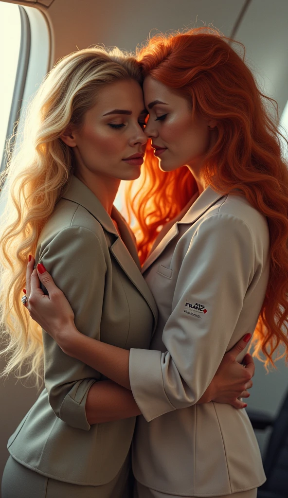 A very beautiful blonde stewardess and a very beautiful red-haired stewardess embracing each other、Looking at the camera, whole body, Air France, Looking into the camera, Watery eye