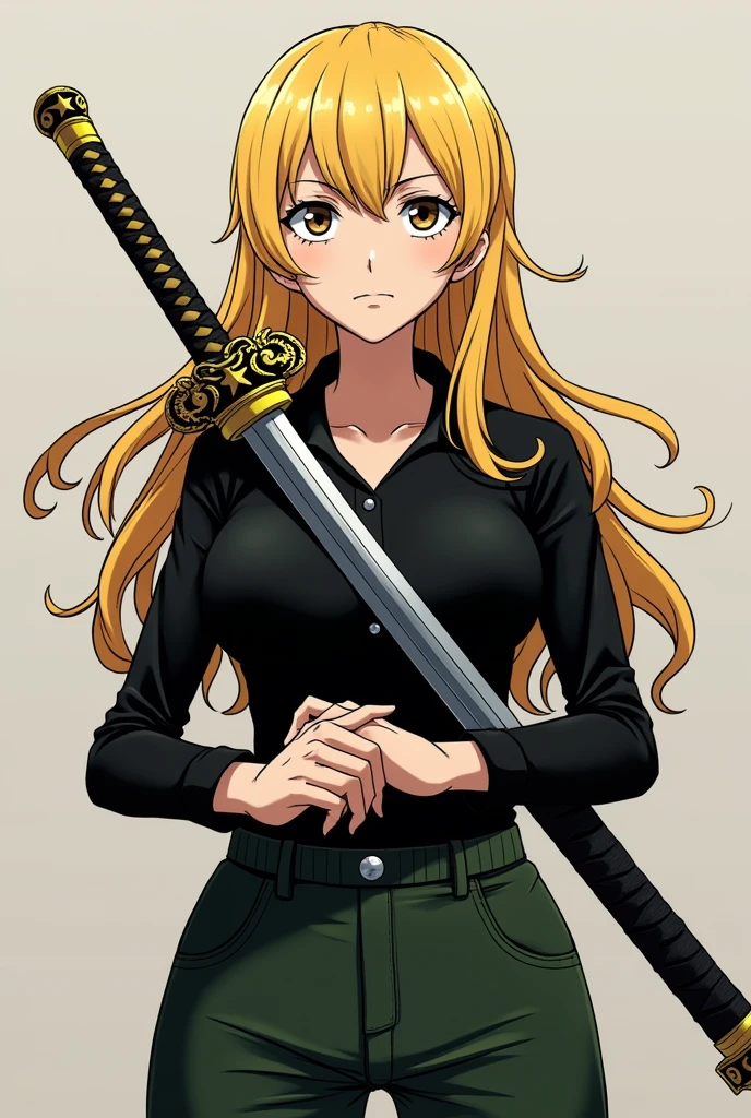 A female character from One Piece with blonde hair, eyes a little tired and black, blonde eyelashes, half serious and calm look, black long-sleeved blouse and dark green cargo pants. Wearing a katana in his hands with star decorations