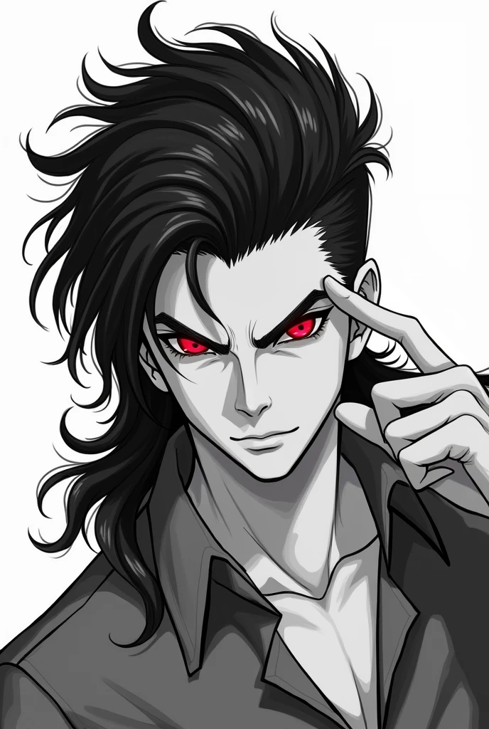 Black haired man Modern mullet hairstyle,red eyes,white background,drawing,Point your finger at your own head
