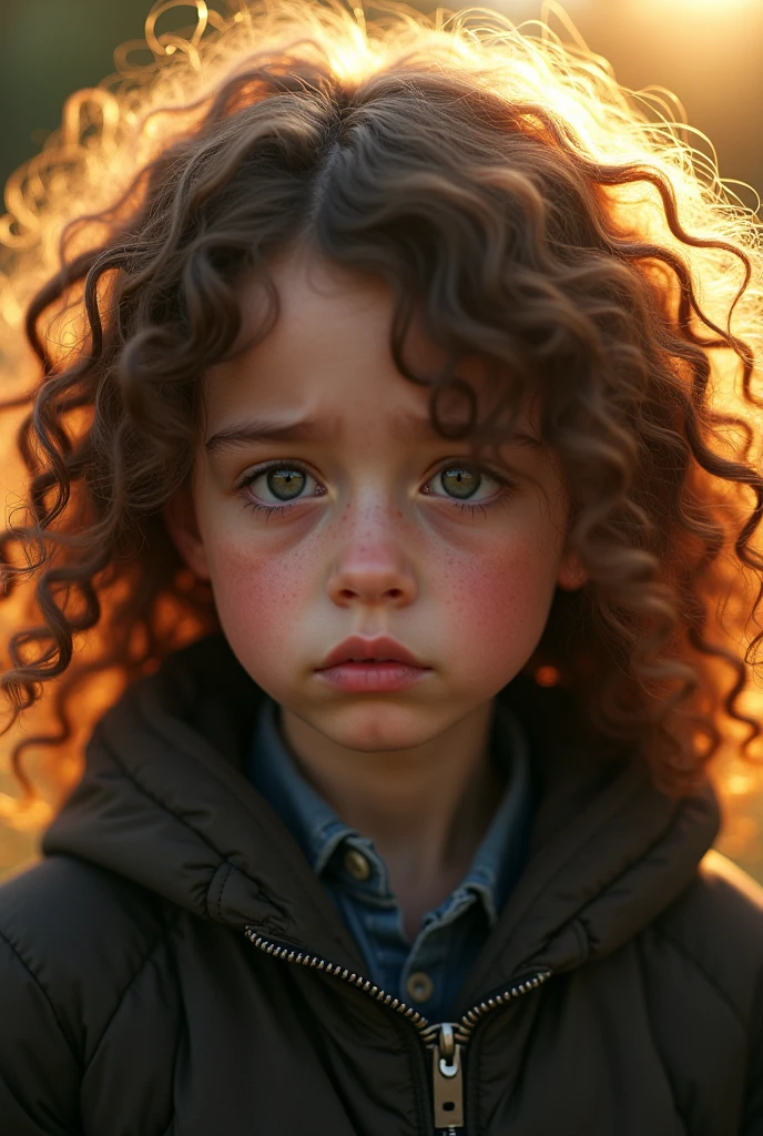 Young girl, curly hair, in a summer atmosphere. Wearing clothes for cold weather, a face of despair due to the heat that this occasion. 

Warm lighting, dark colored clothing. Portrait in a medium shot and close-up.