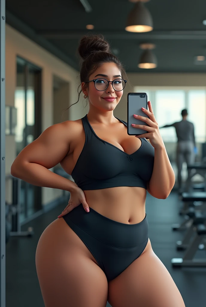 A woman with round glasses and tied up hair, with a large bust and butt, taking a selfie in the gym mirror wearing tight little shorts and a Topper.