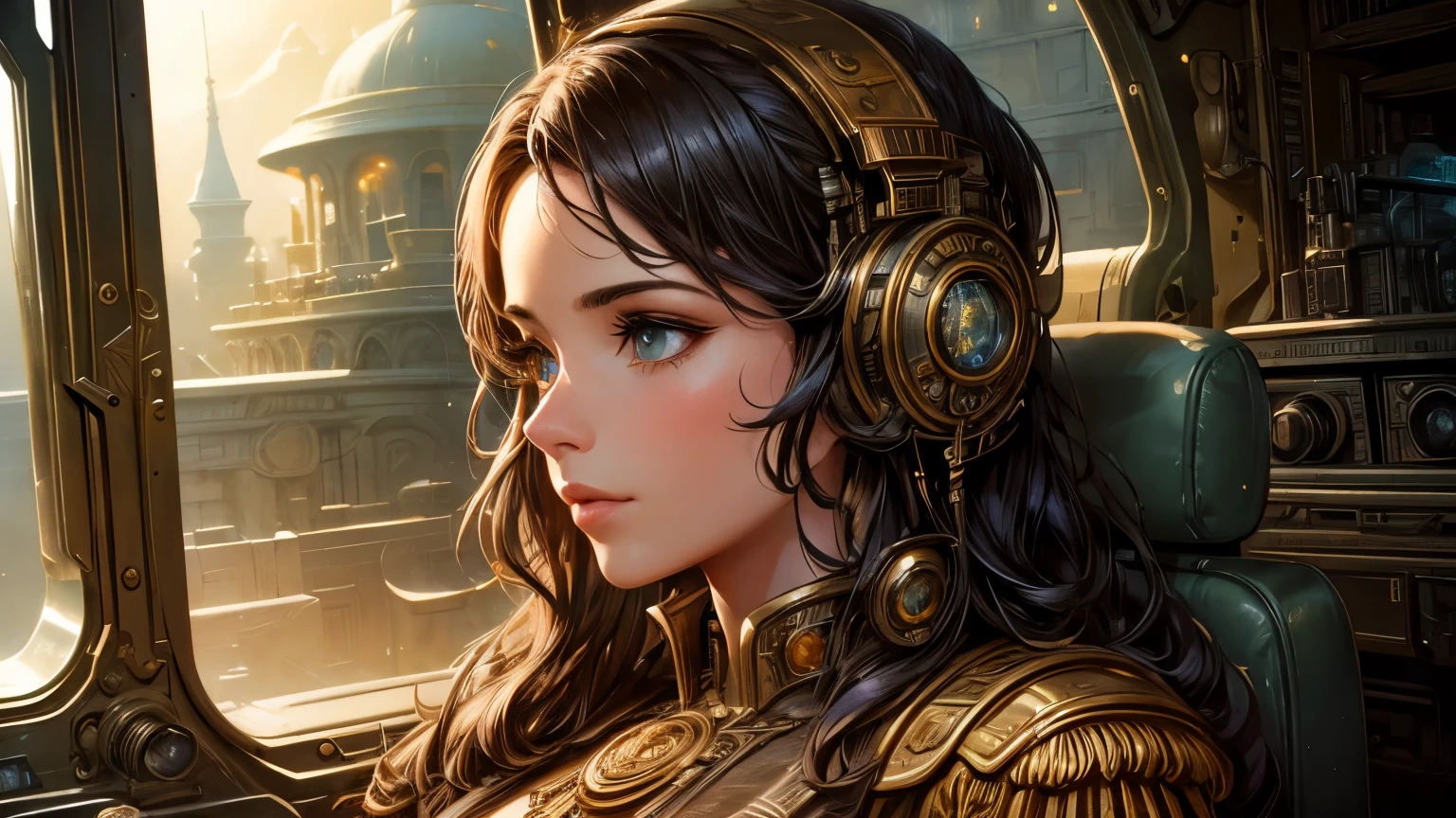 a portrait of a main character, in the style of still from a retrofuturistic film, Lofi steampunk, cinematic focus, realistic, highly detailed, masterpiece, by albert robida, 1person, detailed face, beautiful eyes, beautiful lips, long eyelashes, intricate machinery, clockwork gears, brass accents, moody lighting, warm color palette, chiaroscuro, depth of field, award winning, professional photography