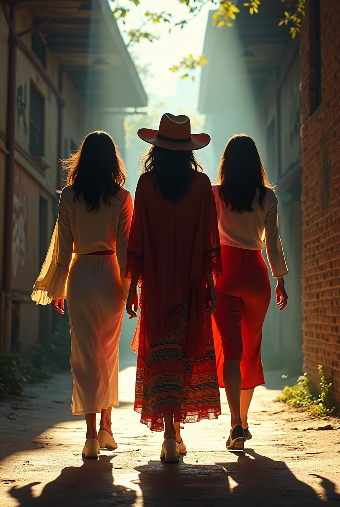 A cholita and two young ladies walking back to back Coming out of an alley