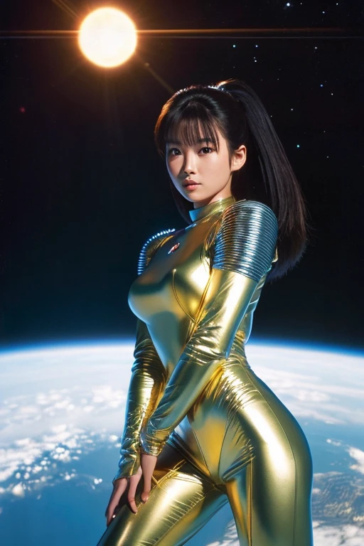 Asian Woman in metallic space suit from a 90's sci-fi series