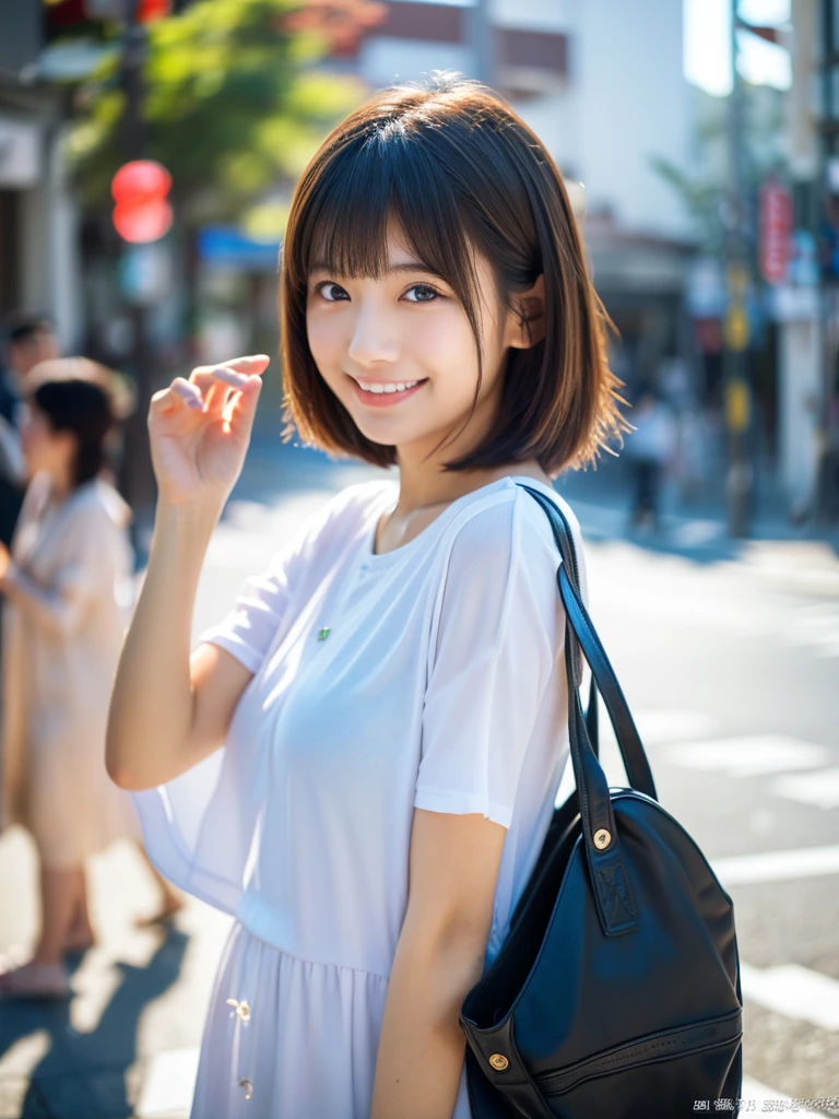Highest quality、masterpiece、超High resolution、Written boundary depth、(Realistic:1.4)、(Award-winning photo、信じられないほどのmasterpiece:1.3) 、RAW Photos、Golden Ratio、Highly detailed CG Unity 8K wallpapers、Detailed and complex、original、High resolution、RAW Photos、(Perfect figure)、Detailed and complex、Digital SLR、Soft lighting、(Blur people in the background:1.1)、Sigma 85mm F/1.4、50mm Lenac Lighting、Hmph、Ultra-realistic、Color Grade、Dynamic pose、Portrait break、 alone、short hair:1.4、and、Super Beauty、(Just like the whole body:1.2)、Japanese Bodybian、alone)、Thigh Gap、Laughter:1.4、University、cute女子高生、Shortcuts、detailed and realistic、Skin Texture、(リアルな人間のSkin Texture)、Front Viewer、Natural soft light、Daytime、in street、Deep Shadow、cute、2. break、 street、Okinawa、Naha、Kokusai street、Extend your right hand out to the side, palm up, at chest height.、