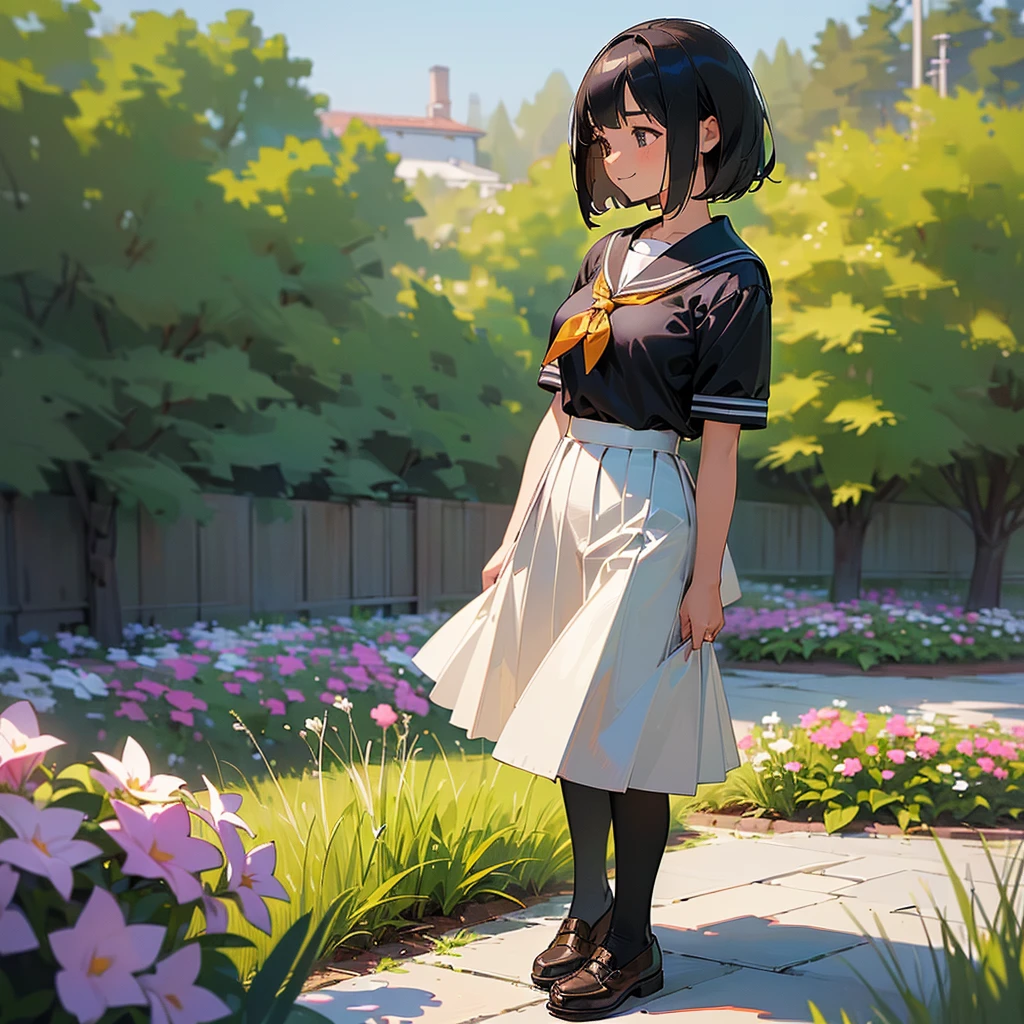 (Highest quality, High resolution, Super detailed, Realistic:1.37), Peaceful atmosphere, (Outdoor, garden), Teenage girl standing alone,(my breasts are big.),Beautifully detailed features, Cute Smile, ((Black bob hair)),Short-sleeved sailor uniform, Pleated skirt,Black tights,Brown leather shoes.