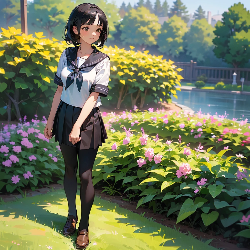 (Highest quality, High resolution, Super detailed, Realistic:1.37), Peaceful atmosphere, (Outdoor, garden), age girl standing alone,(my brea big.),Beautifully detailed features, Cute Smile, ((Black bob hair)),Short-sleeved sailor uniform, Pleated skirt,Black tights,Brown leather shoes.