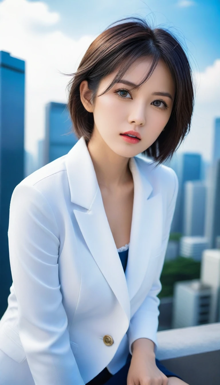 8k, Ultra-high resolution, Highest quality, masterpiece, 三分割法によるphotograph,Surreal, photograph, 1 , (:1.3), cute, cute顔, 細部までBeautiful Eyes, 細かくdetailedに,masterpiece,One Girl:1.2,Japanese women,Female announcer,upper body,glaring,Black short hair,messy hair,from below,(White shirt:1.3),Dark blue blazer,Rooftop,white collar,blue sky,Background of skyscrapers,(Beautiful attention to detail),Subtle details, detailedな顔,anger,Attractive eyes,(ポートレートphotograph:1.4),(Photorealistic images:1.4),Fantasy art,(Beautiful Face:1.4),美しくAttractive eyes、Beautiful Eyes,Silver residue,(Tight waist:1.4)、(Beautiful with perfect body proportions:1.4),Pink Lips,profile,(((Ideal body type))),A-cup small breasts :2,、Portraiture:2、Perfect Anatomy、鮮明なdetailed、detailed,Fashion magazine cover,Thin lips,完璧でBeautiful Face ,完璧でcute顔, Skin with attention to detail, Perfect limbs、Narrow waist,Surreal,Light and shadow,sunlight