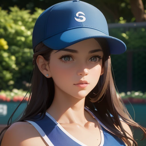 a beautiful tennis player women, blue tennis dress, playing tennis on a clay court, long brown hair, tennis cap, beautiful black eyes, elegant, graceful serve, powerful forehand, sun shining, golden hour lighting, vibrant colors, detailed facial features, realistic, photorealistic, 8k, ultra-detailed, masterpiece