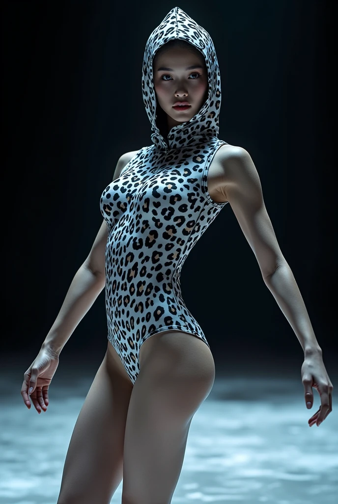 The beautiful and thinest chinese adult woman with glasses white leopard animal print lycra elasticity turtleneck unitard catsuit.She always wear hijab-like zentai costume hood made of lycra elasticity.She performs contortion when she is my contortionist.She took part for Mongolian Modern Angels Circus performance(snake convention 90 contortion)