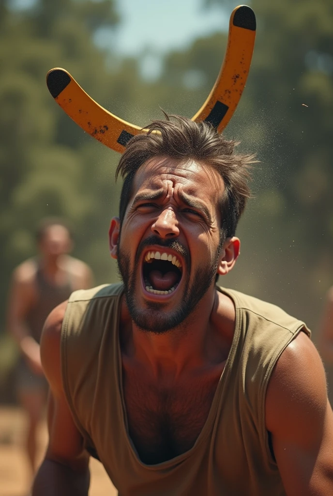 Person being hit in the head with boomerang 