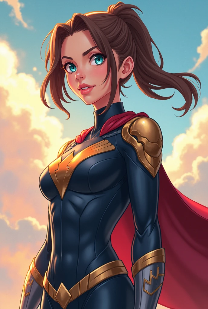 A woman, who is already a mother of two children, the oldest is 8 and the youngest is 4, She is brown-haired and very pretty, wears a hero suit, She has her hair tied back in a ponytail, His expression is gentle and he shows a lot of affection for his children., young, blue eyes, anime style, the image without the children.
He has a fierce and very determined look. , She is the most powerful woman