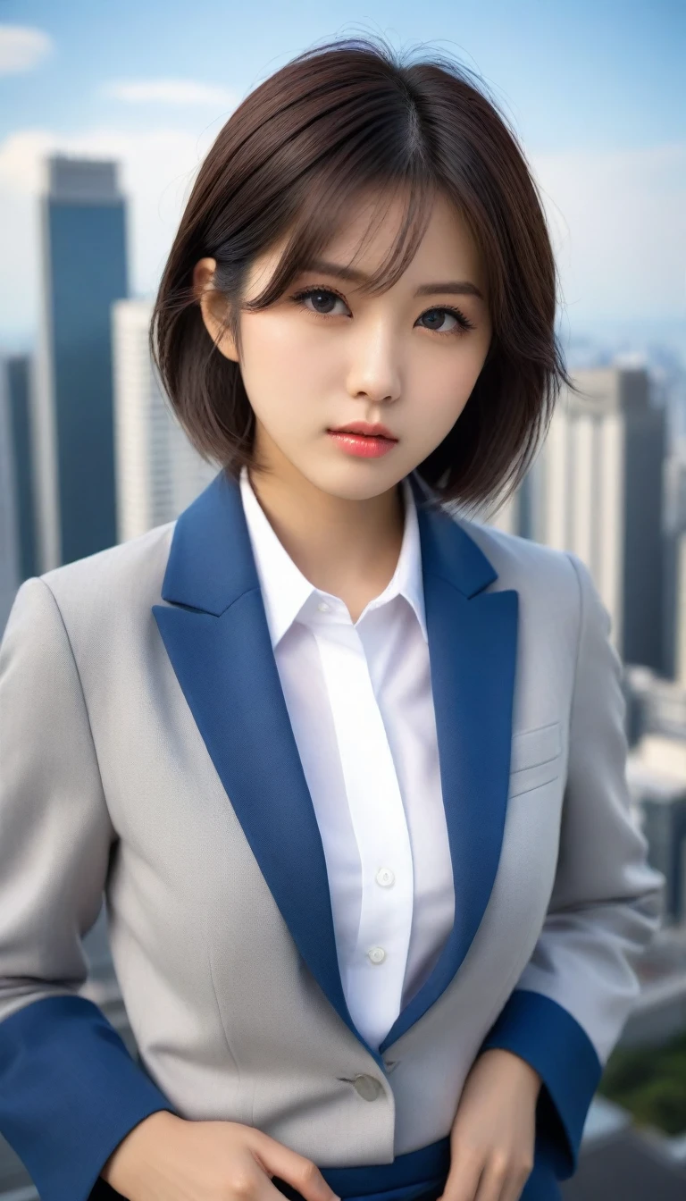 8k, Ultra-high resolution, Highest quality, masterpiece, 三分割法によるphotograph,Surreal, photograph, 1 , (:1.3), cute, cute顔, 細部までBeautiful Eyes, 細かくdetailedに,masterpiece,One Girl:1.2,Japanese women,Female announcer,upper body,glaring,Black short hair,messy hair,from below,(White shirt:1.3),Dark blue blazer,Rooftop,white collar,blue sky,Background of skyscrapers,(Beautiful attention to detail),Subtle details, detailedな顔,anger,Attractive eyes,(ポートレートphotograph:1.4),(Photorealistic images:1.4),Fantasy art,(Beautiful Face:1.4),美しくAttractive eyes、Beautiful Eyes,Silver residue,(Tight waist:1.4)、(Beautiful with perfect body proportions:1.4),Pink Lips,profile,(((Ideal body type))),A-cup small breasts :2,、Portraiture:2、Perfect ???????、鮮明なdetailed、detailed,Fashion magazine cover,Thin lips,完璧でBeautiful Face ,完璧でcute顔, Skin with attention to detail, Perfect limbs、Narrow waist,Surreal,Light and shadow,sunlight