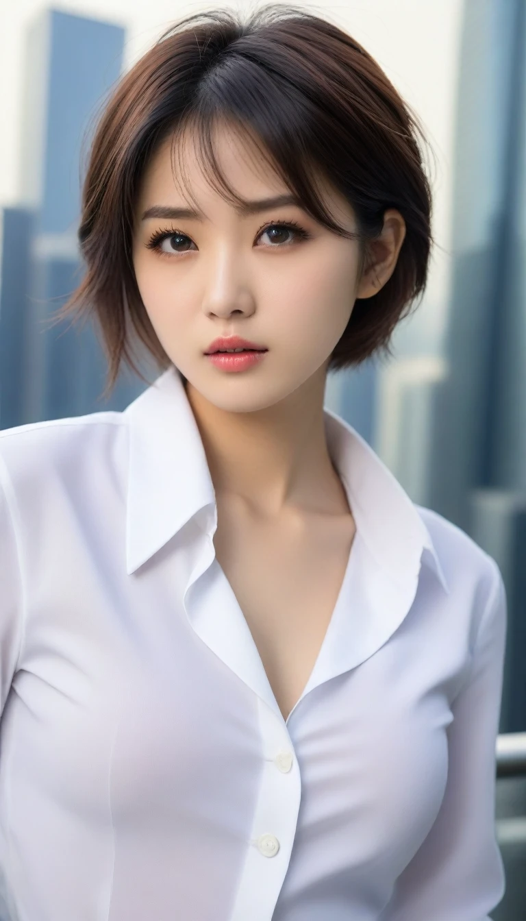 8k, Ultra-high resolution, Highest quality, masterpiece, 三分割法によるphotograph,Surreal, photograph, 1 , (:1.3), cute, cute顔, 細部までBeautiful Eyes, 細かくdetailedに,masterpiece,One Girl:1.2,Japanese women,Female announcer,upper body,glaring,Black short hair,messy hair,from below,(White shirt:1.3),Dark blue blazer,Rooftop,white collar,blue sky,Background of skyscrapers,(Beautiful attention to detail),Subtle details, detailedな顔,anger,Attractive eyes,(ポートレートphotograph:1.4),(Photorealistic images:1.4),Fantasy art,(Beautiful Face:1.4),美しくAttractive eyes、Beautiful Eyes,Silver residue,(Tight waist:1.4)、(Beautiful with perfect body proportions:1.4),Pink Lips,profile,(((Ideal body type))),A-cup small breasts :2,、Portraiture:2、Perfect Anatomy、鮮明なdetailed、detailed,Fashion magazine cover,Thin lips,完璧でBeautiful Face ,完璧でcute顔, Skin with attention to detail, Perfect limbs、Narrow waist,Surreal,Light and shadow,sunlight