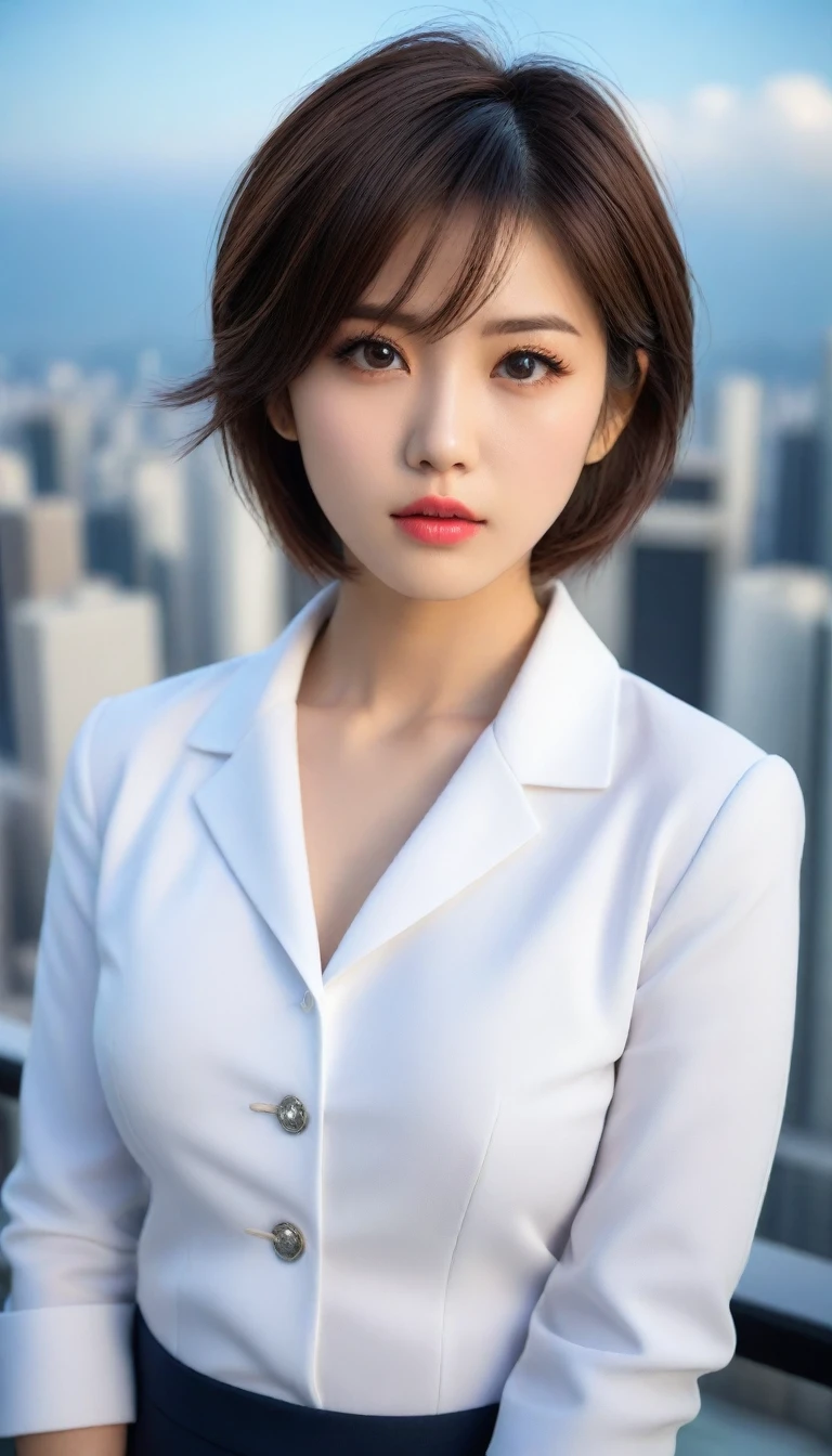 8k, Ultra-high resolution, Highest quality, masterpiece, 三分割法によるphotograph,Surreal, photograph, 1 , (:1.3), cute, cute顔, 細部までBeautiful Eyes, 細かくdetailedに,masterpiece,One Girl:1.2,Japanese women,Female announcer,upper body,glaring,Black short hair,messy hair,from below,(White shirt:1.3),Dark blue blazer,Rooftop,white collar,blue sky,Background of skyscrapers,(Beautiful attention to detail),Subtle details, detailedな顔,anger,Attractive eyes,(ポートレートphotograph:1.4),(Photorealistic images:1.4),Fantasy art,(Beautiful Face:1.4),美しくAttractive eyes、Beautiful Eyes,Silver residue,(Tight waist:1.4)、(Beautiful with perfect body proportions:1.4),Pink Lips,profile,(((Ideal body type))),A-cup small breasts :2,、Portraiture:2、Perfect Anatomy、鮮明なdetailed、detailed,Fashion magazine cover,Thin lips,完璧でBeautiful Face ,完璧でcute顔, Skin with attention to detail, Perfect limbs、Narrow waist,Surreal,Light and shadow,sunlight