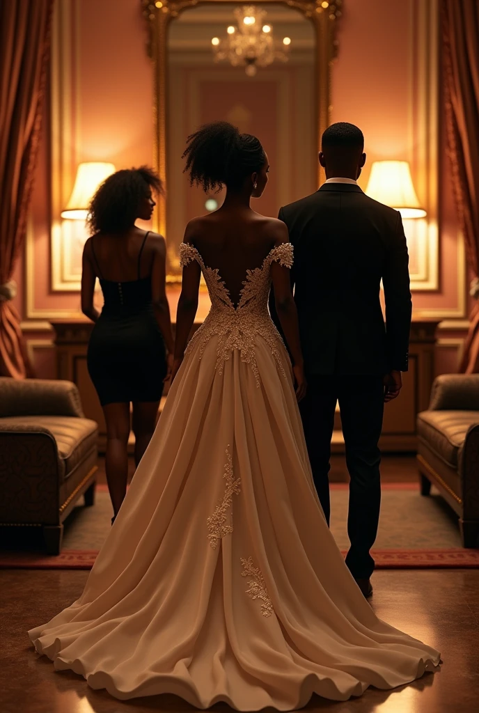 Generate an image of a black beautiful curvy bride walking into her black husband and another black woman in a room at the background being touchy