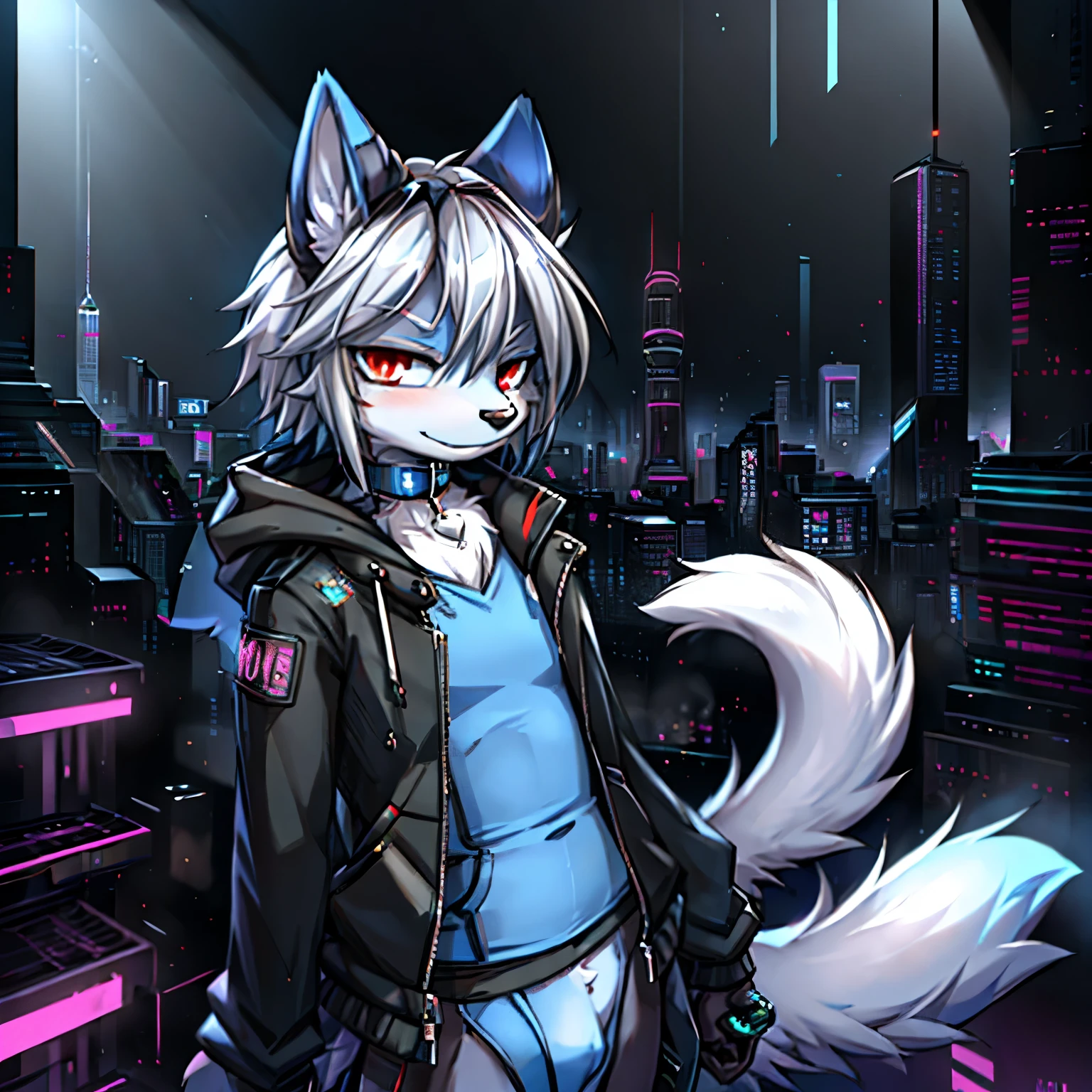((masterpiece, best quality)), (anthro furry:1.3, snout:1.2, anthro:1.3, furry:1.2, solo male:1.2, smug smile), Furry, kemono, furry wolf, anthropomorphic, male, silver fur, silver skin, red eyes, femboy, cyberpunk clothes, sexy clothes, revealing clothes, ((blue clothing)), collar, cyberpunk theme, uploaded on e621, Cyberpunk technology. cybernetics,