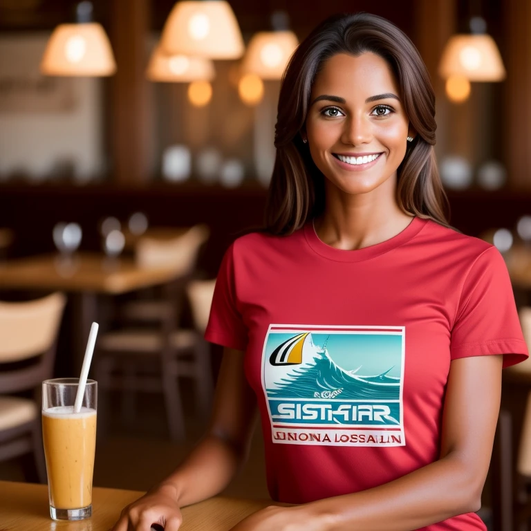 Beautiful woman in a restaurant, 30 years, at a closed angle, with irresistíble smile, Brown hair, tanned skin, wearing a surfing stamp t-shirt, Front view, ultra realistic, Photographic, cinematographic, 4k --  