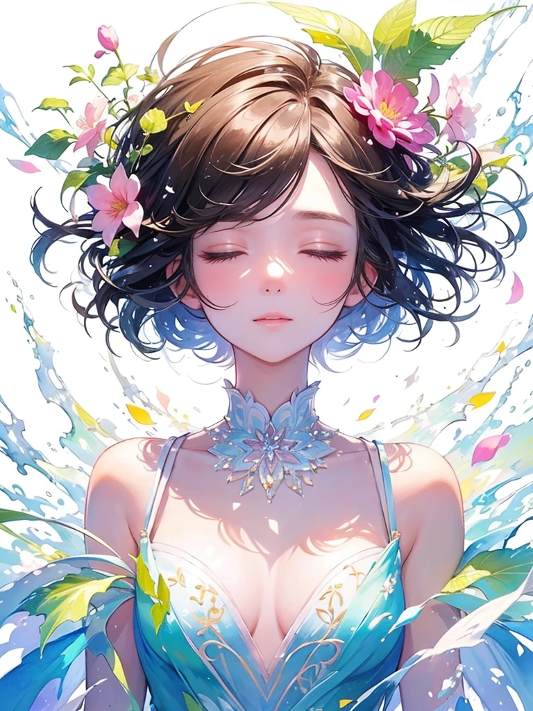 (masterpiece、Highest quality、Highest quality、Beautiful and beautiful:1.2)、Excellent anatomy、(Watercolor painting 1.5)、Long Shot、straight short hair images、Trendy Hair Color, Beautiful Face、Beautiful profile, Looking up to the sky, I close my eyes and pray, Fairy, 蝶のFairyのコスチューム、Pure white、Pure、charm, Colorful flowers of different colors, Flower and leaf wind、Botanical Art,
