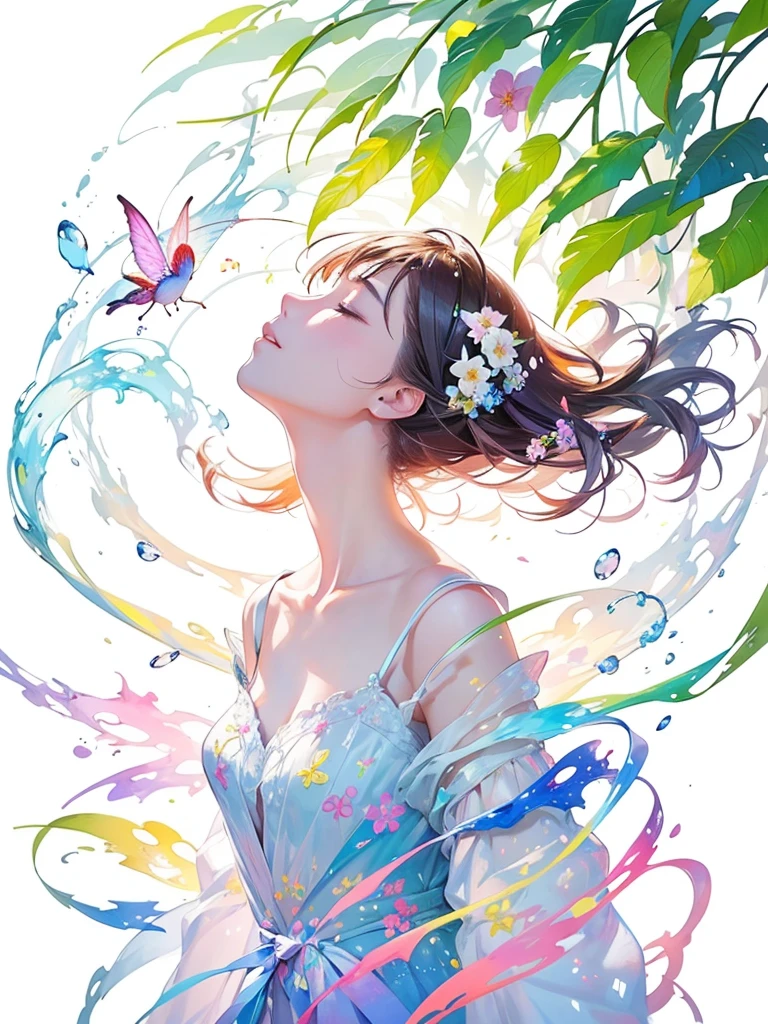 (masterpiece、Highest quality、Highest quality、Beautiful and beautiful:1.2)、Excellent anatomy、（Watercolor painting 1.5）、Long Shot、straight short hair images、Trendy Hair Color, Beautiful Face、Beautiful profile, Looking up to the sky, I close my eyes and pray, Fairy, 蝶のFairyのコスチューム、Pure white、Pure、charm, Colorful flowers of different colors, Flower and leaf wind、Botanical Art,