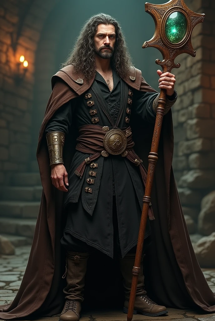 Create an image of a 17 wizard in black clothes, brown cloak,forearm guards and boots, a wooden staff slightly curved with small wooden, the character will be a necromancer/ black magic user, on the staff engraved runes and a crystal, the wizard has long curly hair, greenish brown eyes and goatee