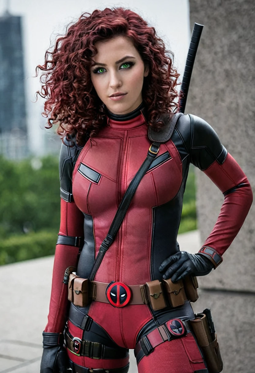 Describe a 20-year- woman, 1.80 tall, green eyes, curly hair, big breasts, big ass, Deadpool.