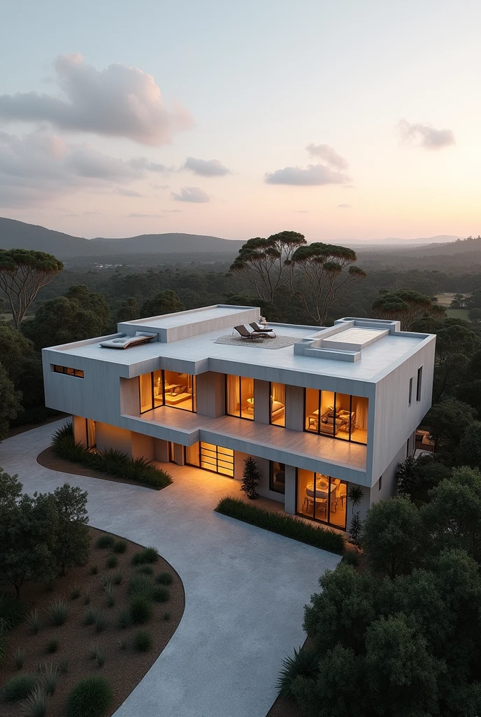 large luxury concrete house in a rural Western Australian coastal port city, luxury house, cyclone-proof, safe, safe from storms, drone shot from above, stable ground, house has driveway, ultrarealistic, soft lighting, 8k
