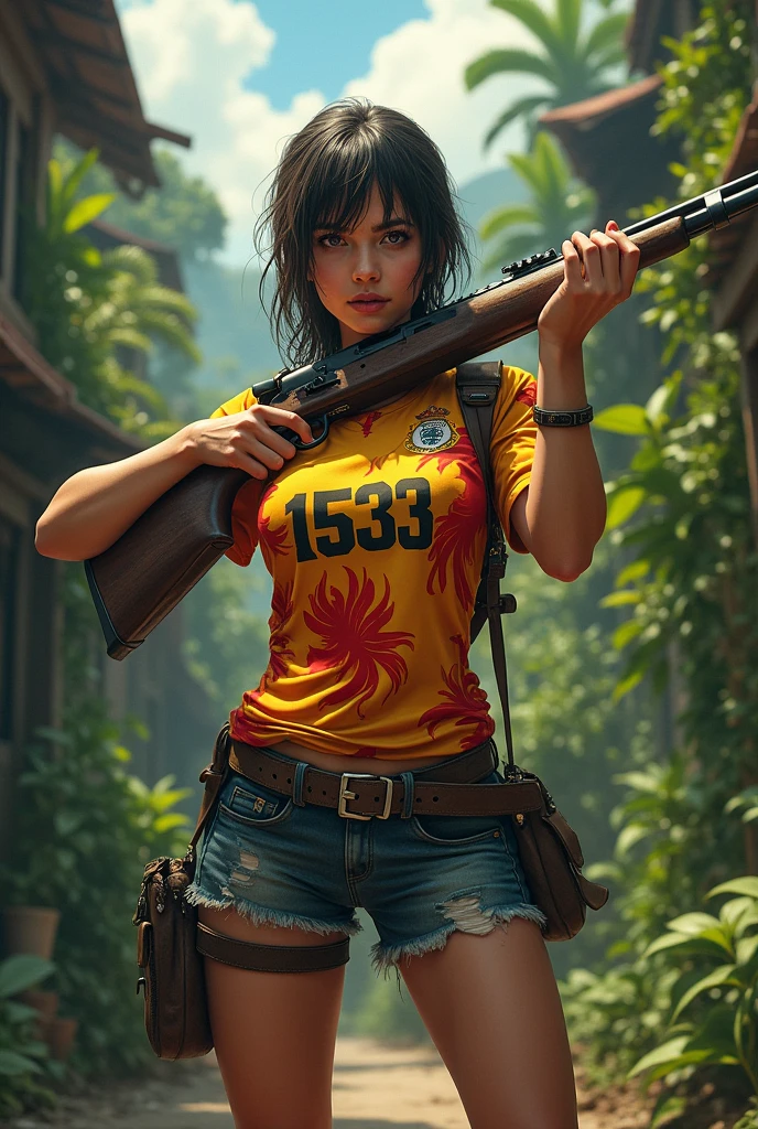 Woman, Rifle, beco, shorts jeans, Flamengo shirt written 1533