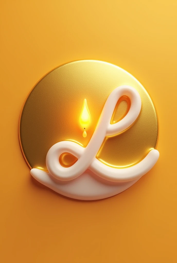 A business card logo of a modern cursive letter L embracing a melting L-shaped lit candle with a visible flame in the center of a modern Miami-worthy all-over gold circle in a hyper-realistic tone