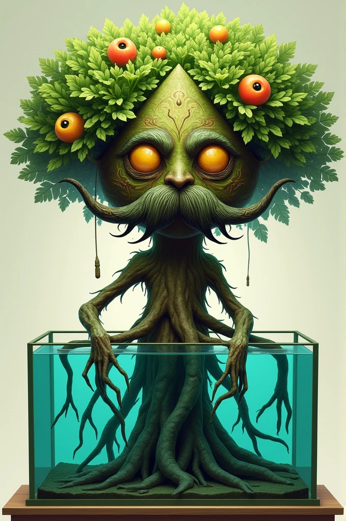 make a humanoid tree the head is a triangle with three eyes and its hair is the top of a tree. in the middle of the leaves there are several fruits, the creature has no nose, no mouth but has a big mustache, 6 arms in the shape of branches come out of its trunk and at the end of each arm there is an eye, its roots are inside an aquarium