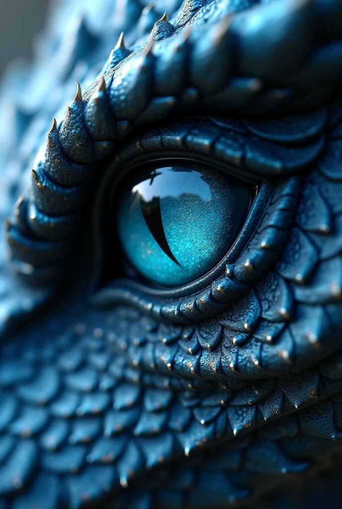 Blue eye of a dragon with sharp scales focus on the eye