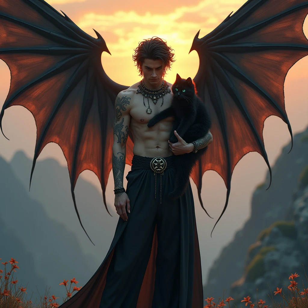 Angel male 30 years old, pale skin, blue eyes, black hair, big and black bat wings, wearing black suit, with piercings and old tattooed symbols, holding a cat on top of mountain in sunrise., messy hair, Hyperrealism, god rays, glowing light, UHD, anatomically correct, 1080P